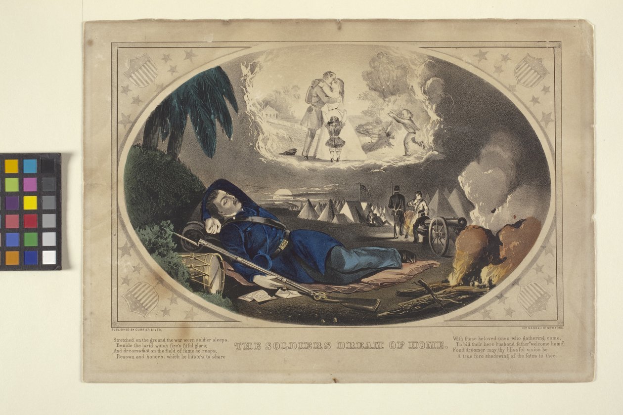 Soldatens dröm om hemmet (handfärgad litografi) av N. and Ives J.M. (1824 95) Currier