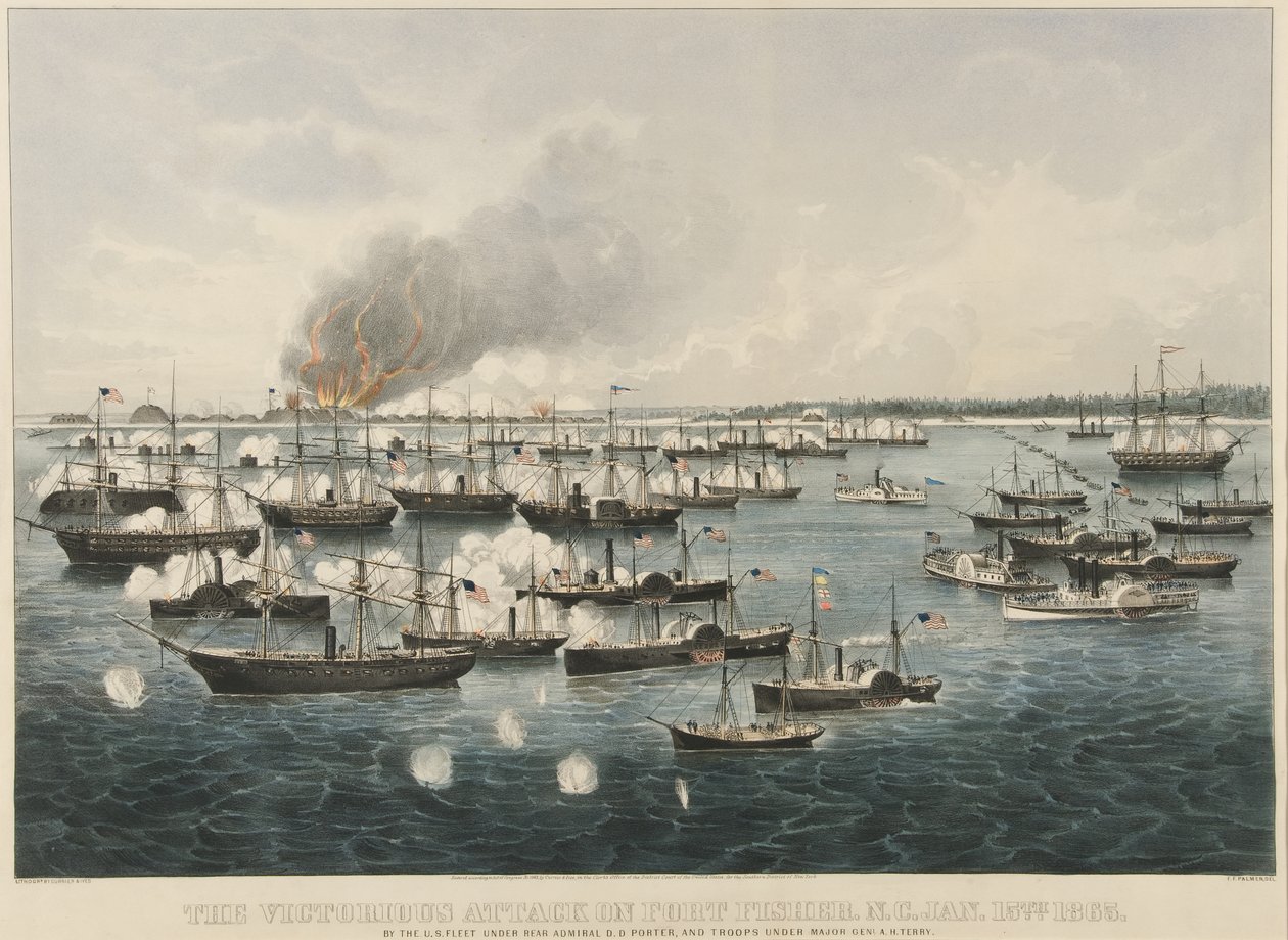 The Victorious Attack on Fort Fisher, 1865 (färglitografi) av Currier and Ives
