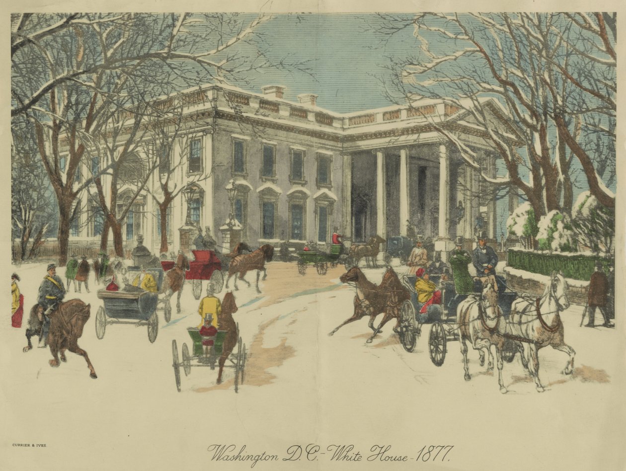 Vita huset, Washington D.C. 1877 (färglitografi) av Currier and Ives