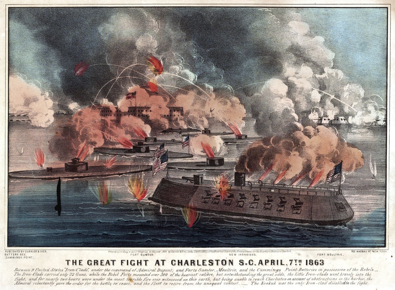 Det stora slaget vid Charleston S.C. april den 7:e 1863 av Currier and Ives
