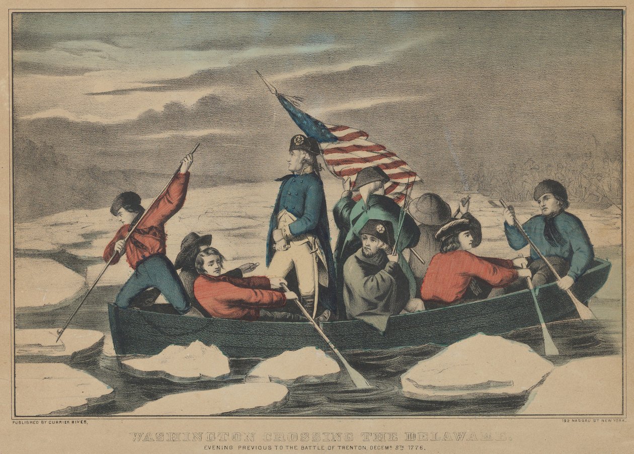 Washington korsar Delaware kvällen före slaget vid Trenton, 5 december 1776 av Currier and Ives