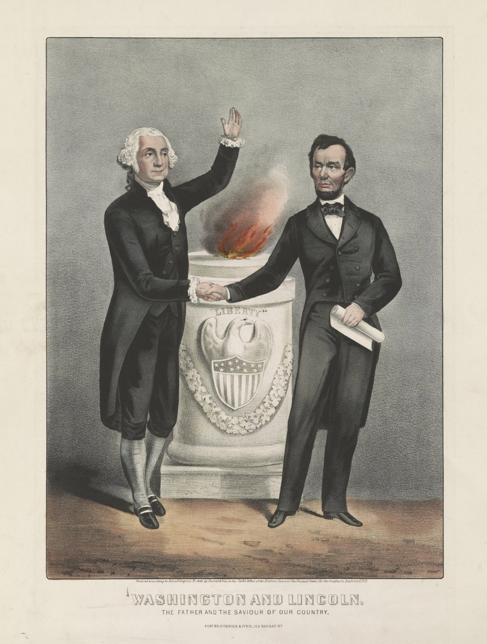 Washington och Lincoln. Vårt lands fader och frälsare, ca 1865 (färglitografi) av Currier and Ives