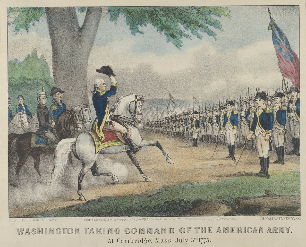 Washington tog kommandot över den amerikanska armén i Cambridge, Massachusetts den 3 juli 1775 av Currier and Ives