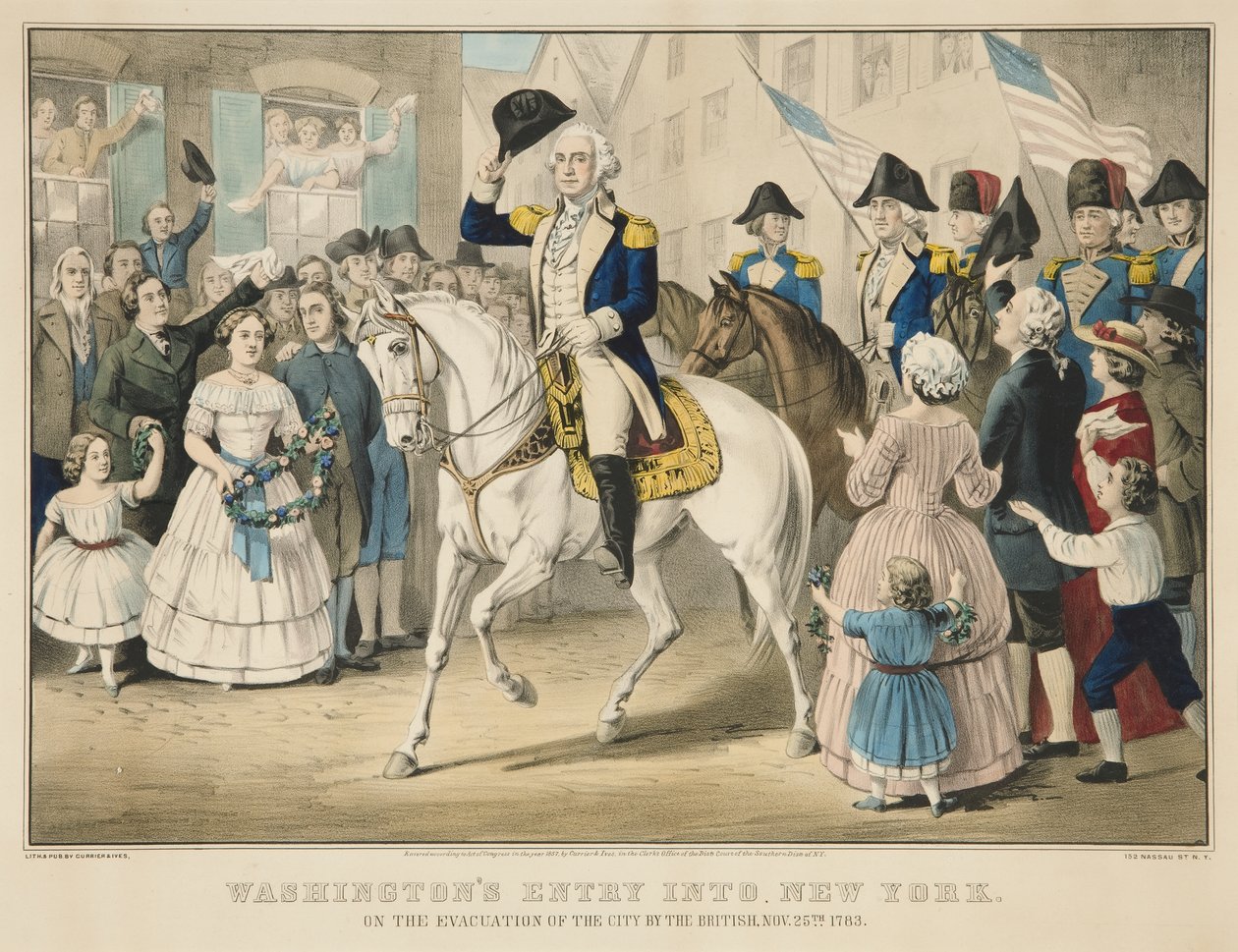 Washingtons intåg i New York efter britternas evakuering av staden den 25 november 1783 av Currier and Ives