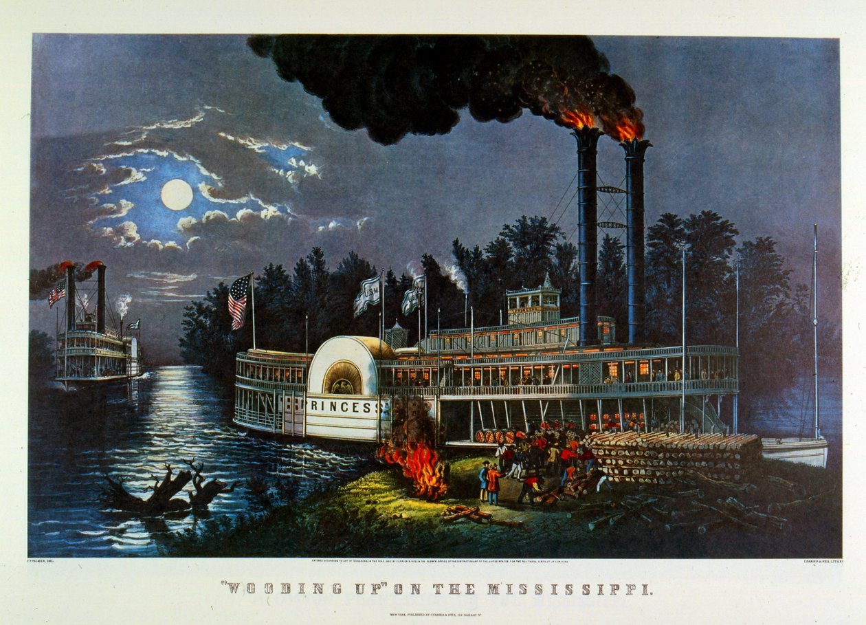 "Wooding up on the Mississippi". 1863 (litografi) av N. and Ives J.M. (1824 95) Currier