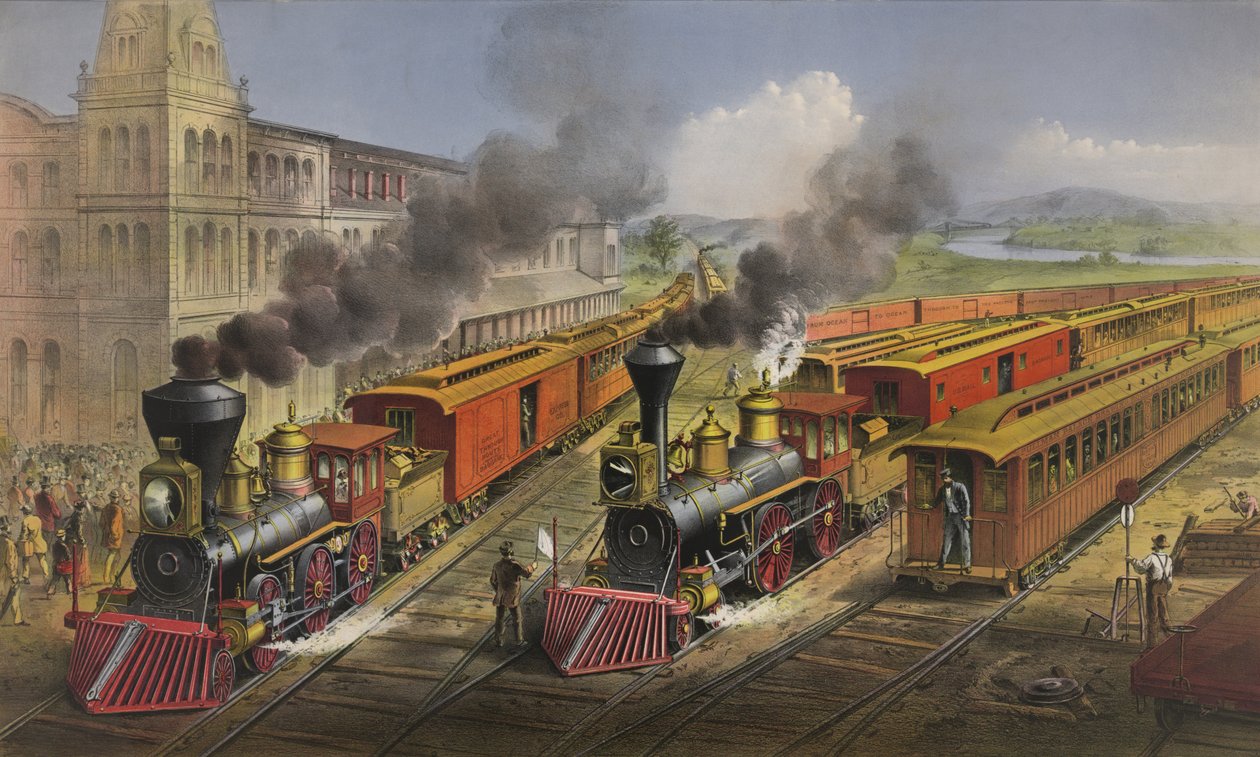 Amerikansk järnvägsscen: blixtåg som lämnar korsningen, 1874 av N. and Ives, J.M. Currier