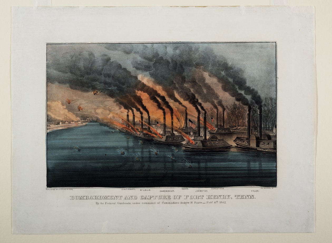 Bombardement och tillfångatagande av Fort Henry, Tenn, c.1862 av N. and Ives, J.M. Currier