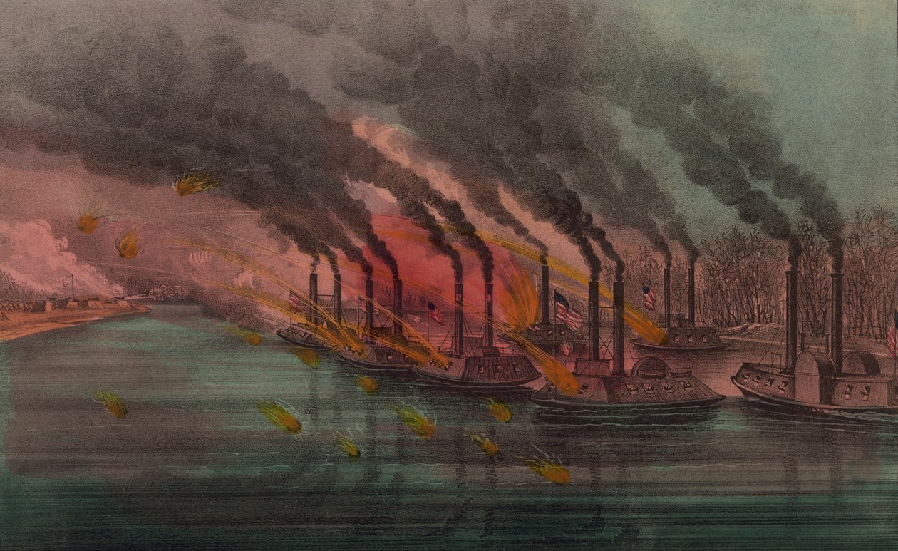 Bombning och erövring av Fort Henry av federala kanonbåtar, 1862 av N. and Ives, J.M. Currier