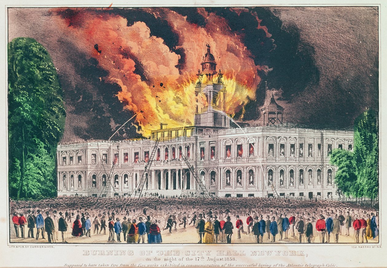 Stadshuset, New York, brann natten till den 17 augusti 1858 av N. and Ives, J.M. Currier