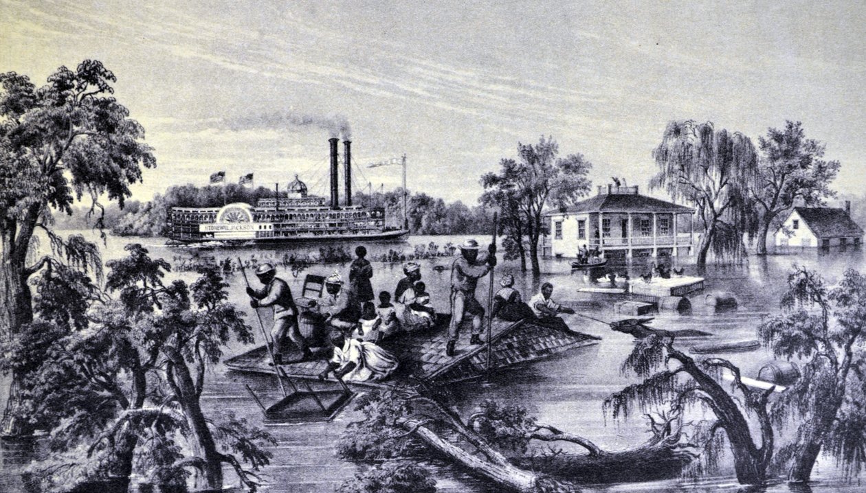 Currier & Ives Illustration 1800-talet. Högvatten i Mississippi av N. and Ives, J.M. Currier