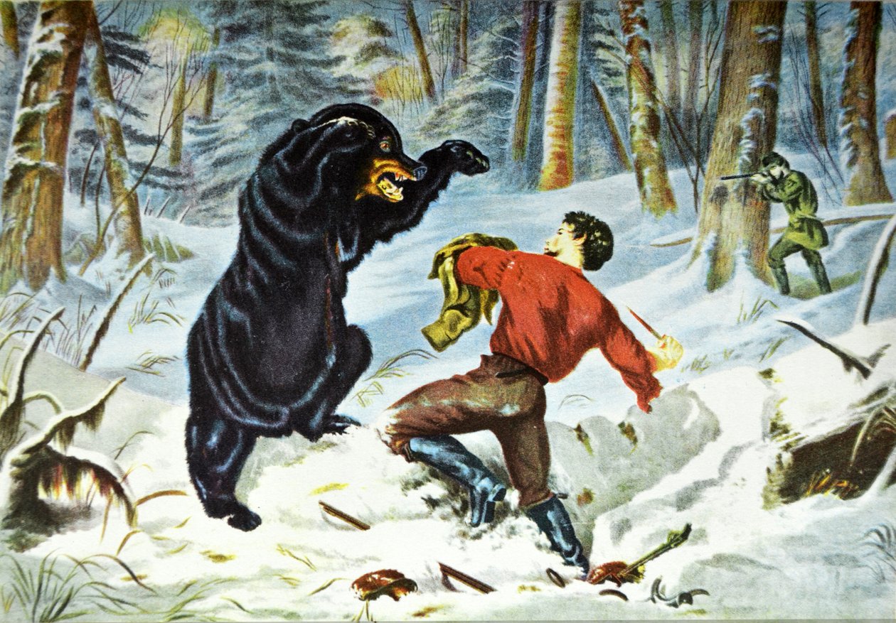 Currier & Ives Illustration 1800-talet. En jägares liv. En tight fix. av N. and Ives, J.M. Currier