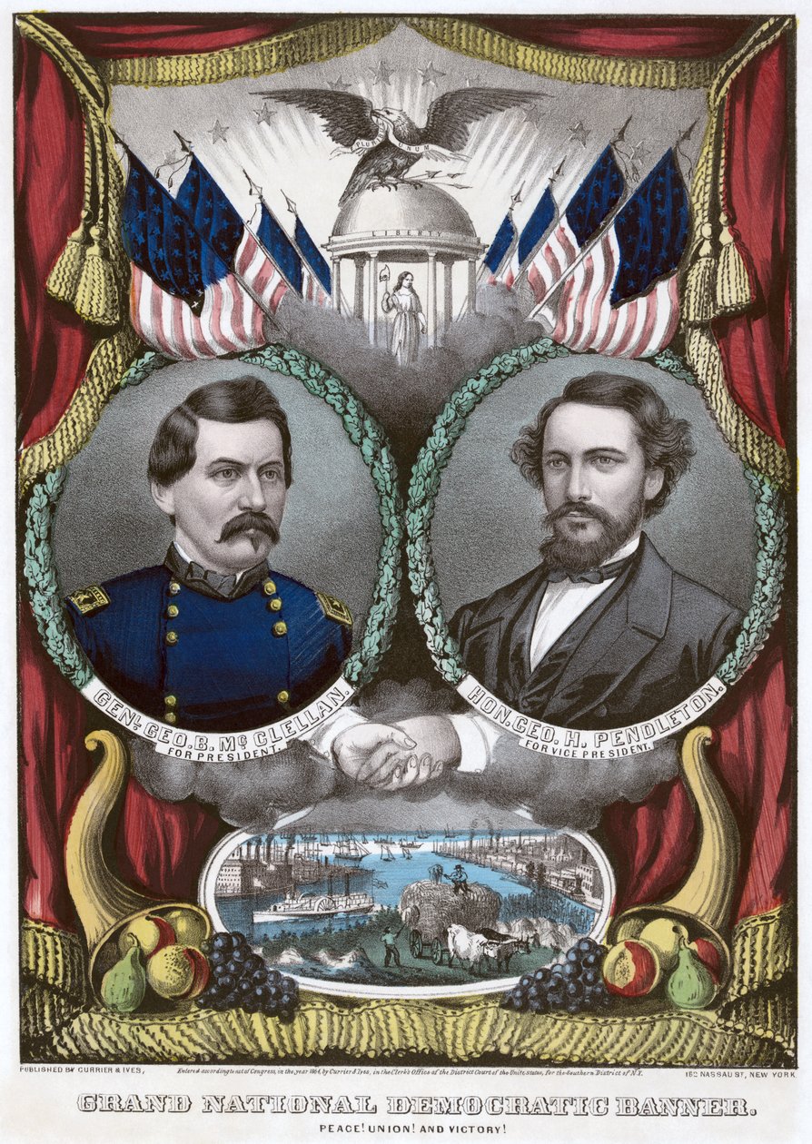 Grand National Democratic banner. Fred! Union! och seger!, 1864 av N. and Ives, J.M. Currier