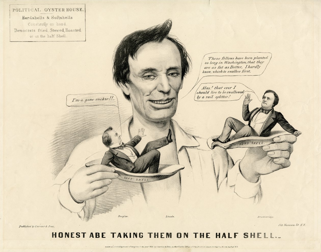 Honest Abe Tar dem på Half Shell, 1860 av N. and Ives, J.M. Currier