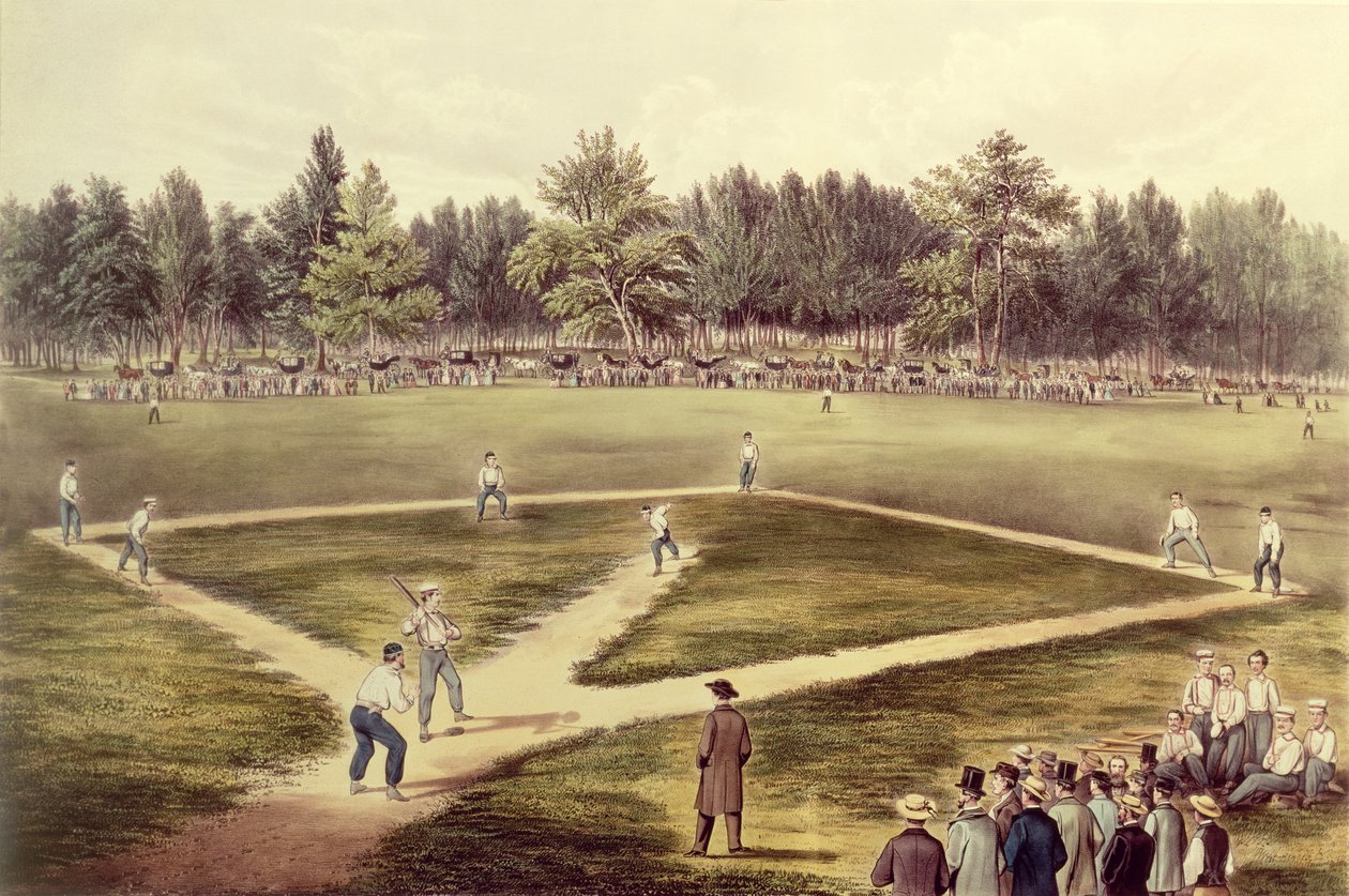 The American National Game of Baseball - Grand Match at Elysian Fields, Hoboken, NJ, 1866 (se även 159490) av N. and Ives, J.M. Currier