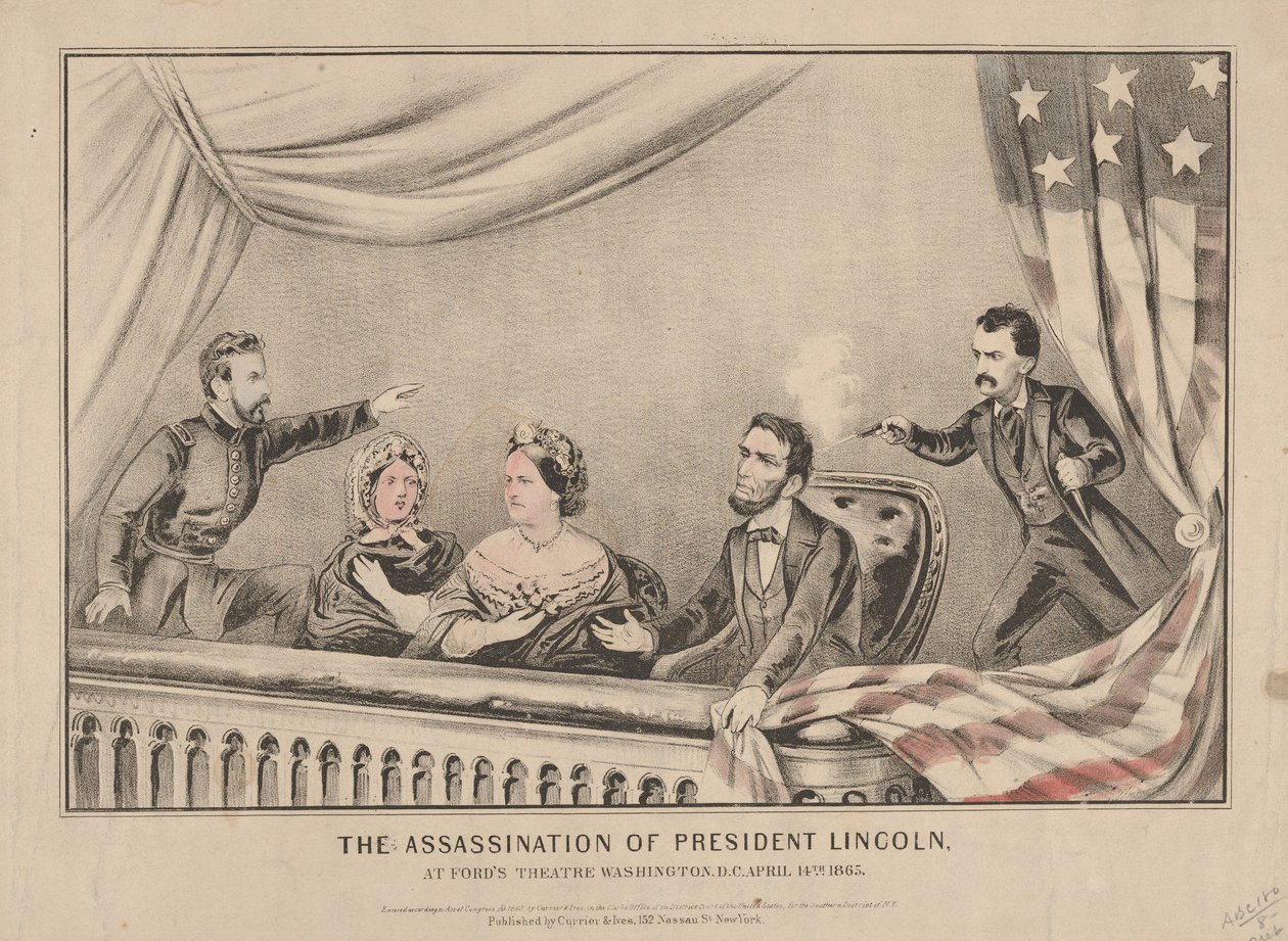 Mordet på president Lincoln på Fords Theatre, Washington, 1865 (handfärgad litografi) av N. and Ives, J.M. Currier