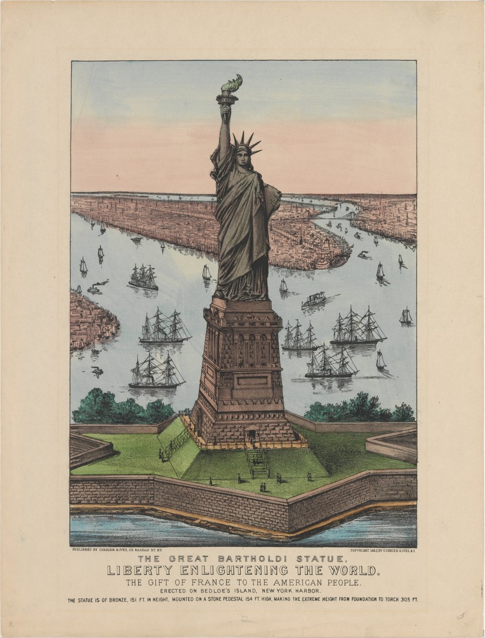 Den stora Bartholdi-statyn – Liberty Enlightening the World, 1885 (handfärgad litografi) av N. and Ives, J.M. Currier