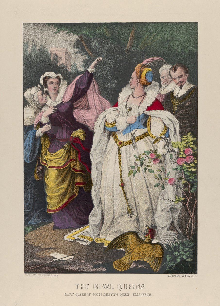 The Rival Queens, Mary Queen of Scots Defying Queen Elizabeth, 1857-72 (Handfärgad litografi) av N. and Ives, J.M. Currier