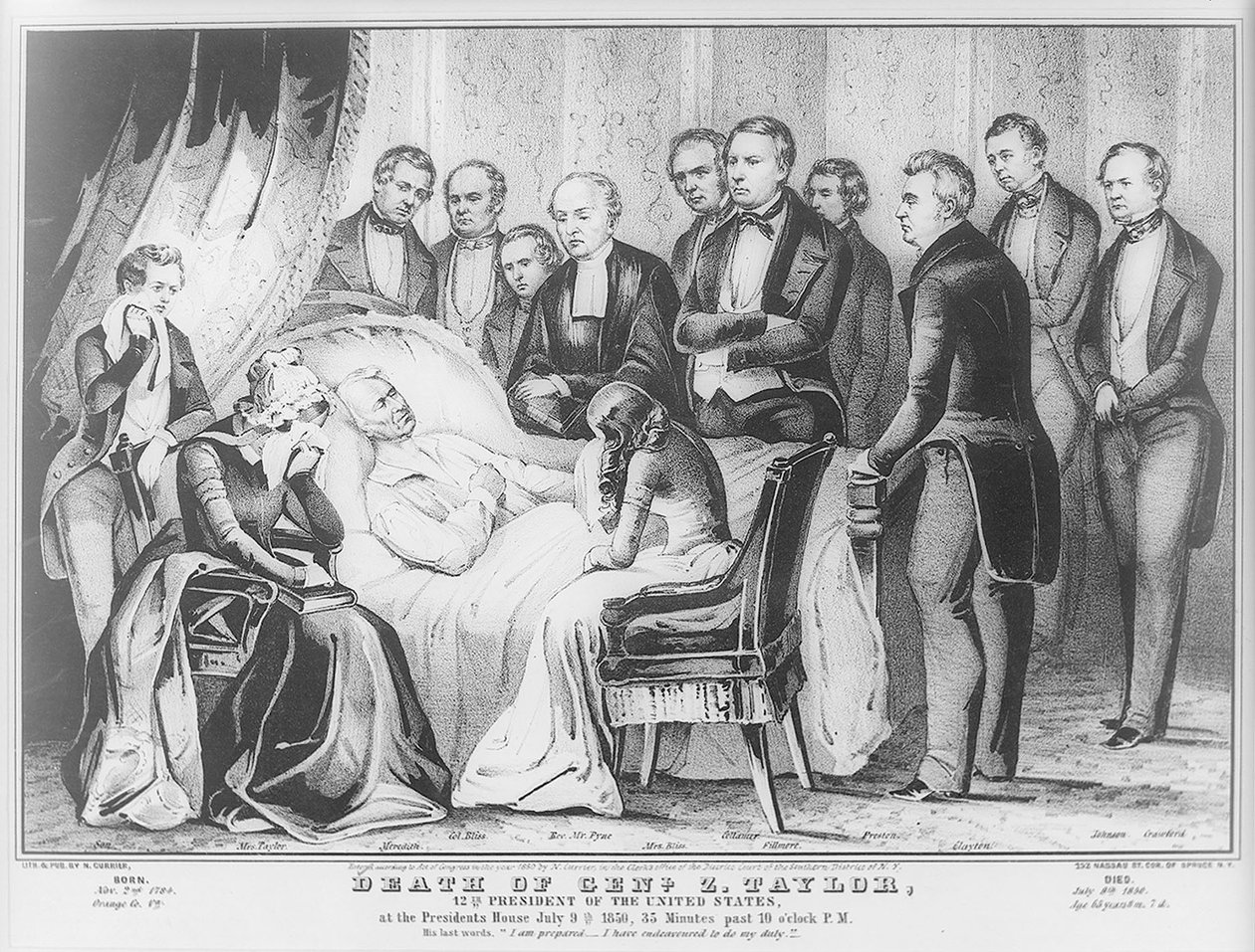 Zachary Taylor på sin dödsbädd i Vita huset, 1850 av N. and Ives, J.M. Currier
