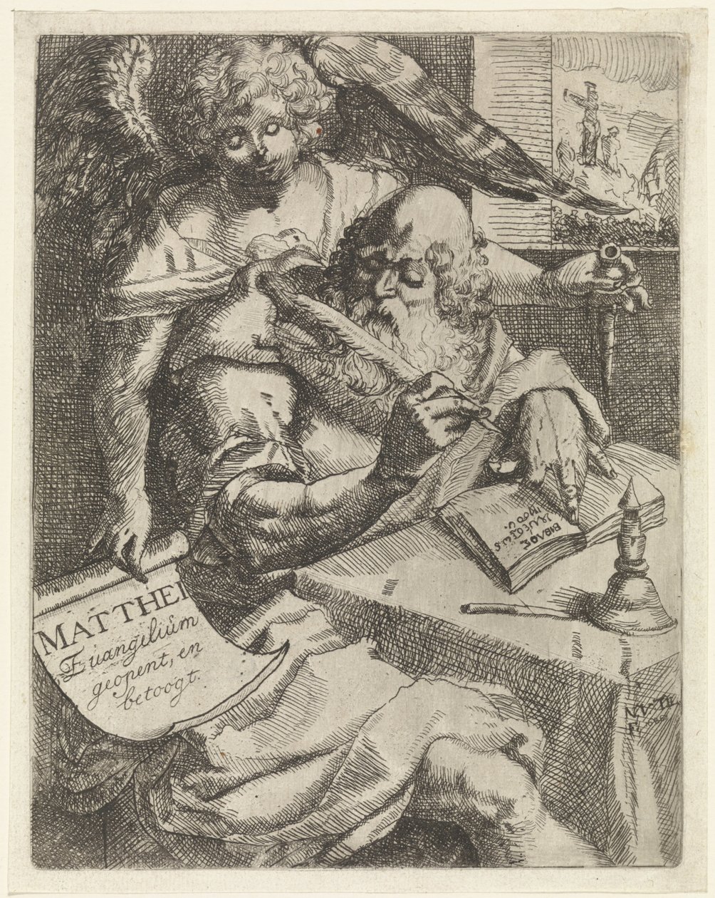 Matteus evangelisten Matthei Evangelium öppnar och argumenterar (titel på objekt) Titelsida för: S. van Til, Het euangelium des H. apostles Matthæi (...) öppnad med kortfattade anteckningar, 1687 av N. van Til