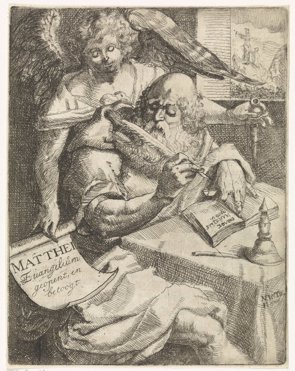 Matteus evangelisten Matthei Evangelium öppnar och argumenterar (titel på objekt) Titelsida för: S. van Til, Het euangelium des H. Apostles Matthæi (...) öppnad med korta anteckningar, 1687 av N. van Til