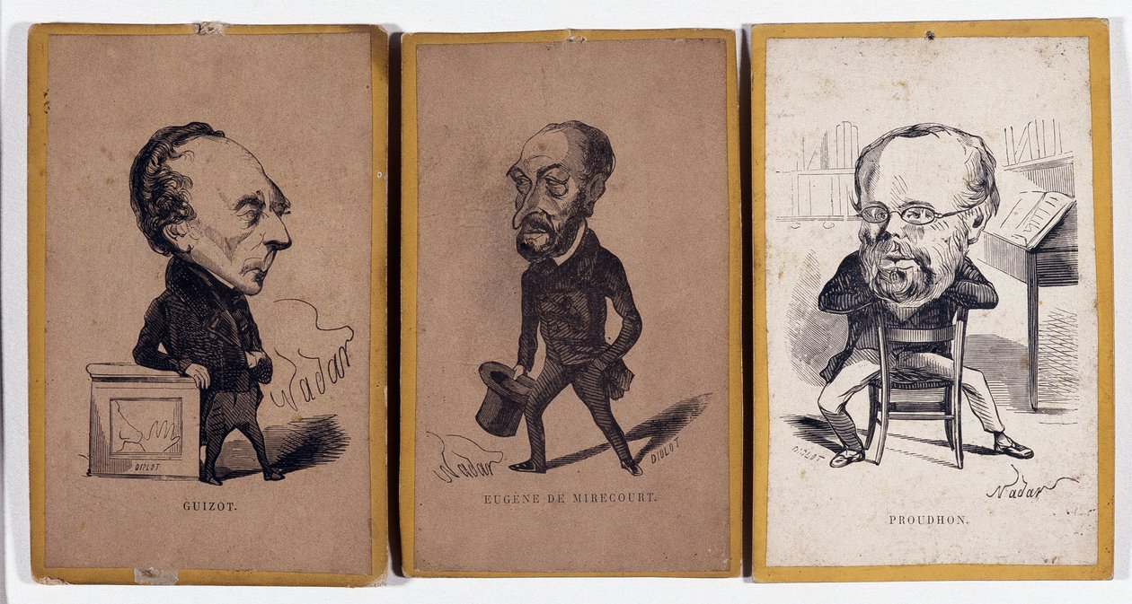 3 Porträttladdning (porträttladdning): Francois Pierre Guillaume Guizot (1787-1874), fransk historiker och politiker, Charles Jean-Baptiste (Jean Baptiste) Jacquot dit Eugene de Mirecourt (1812-1880), fransk journalist och författare, och Pierre -Joseph Pr av Nadar