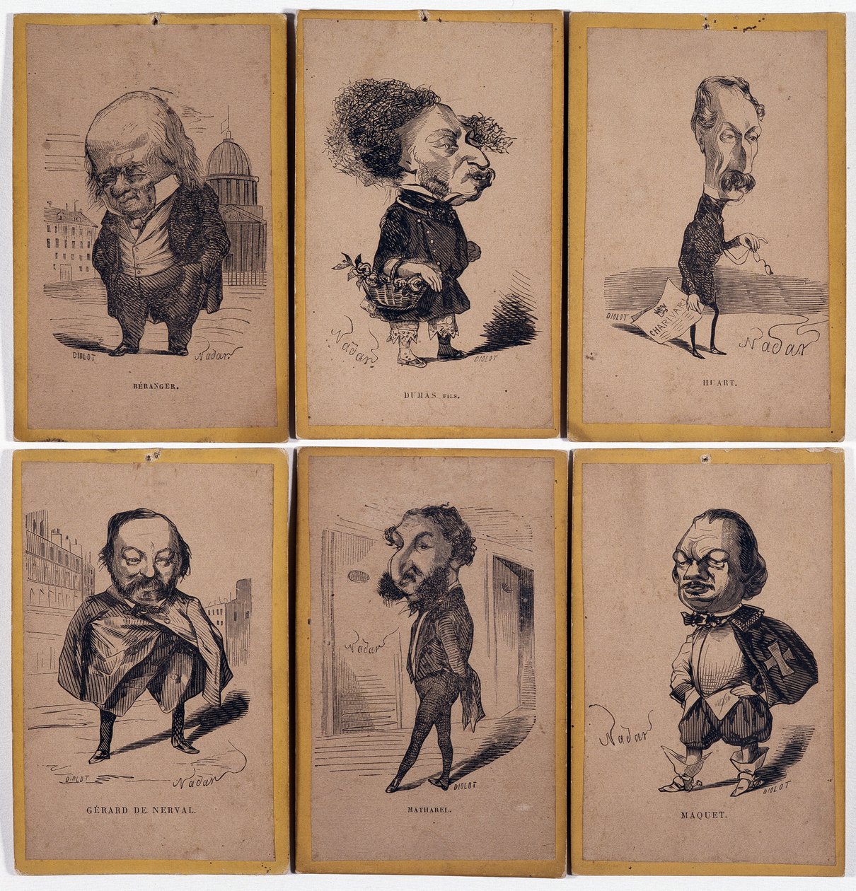 6 Charge-porträtt: Pierre Jean de Beranger (1780-1857) fransk låtskrivare, Alexandre Dumas fils (1824-1895), Louis Adrien Huart (1813-1865) fransk journalist, författare och teaterchef, Gerard de Nerval (1808-1855), Den franske författaren Charles Matharel av Nadar