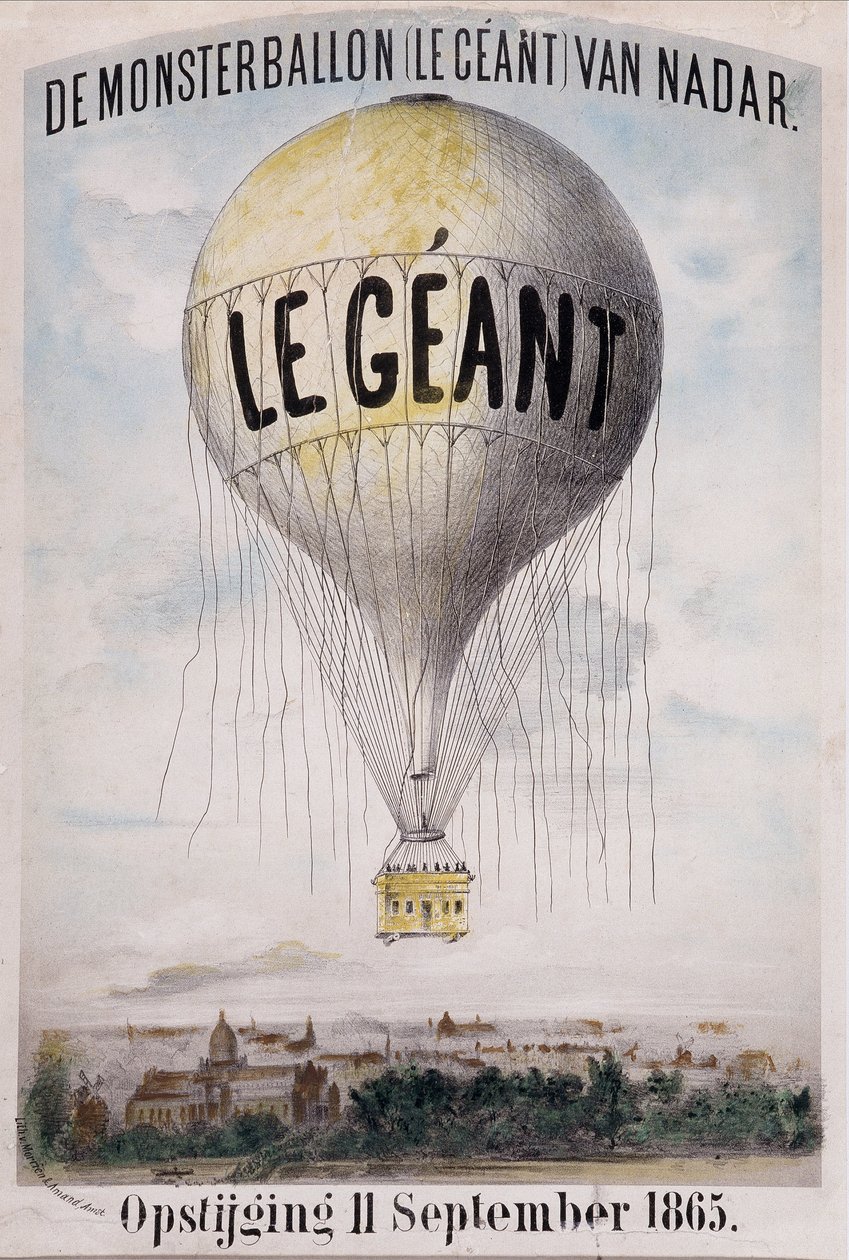 De Monsterballon (Le Giant) van Nadar Opstijging 11 september 1865. Holländsk reklam för avvecklingen av bollen "The Giant" den 11 september av Nadar