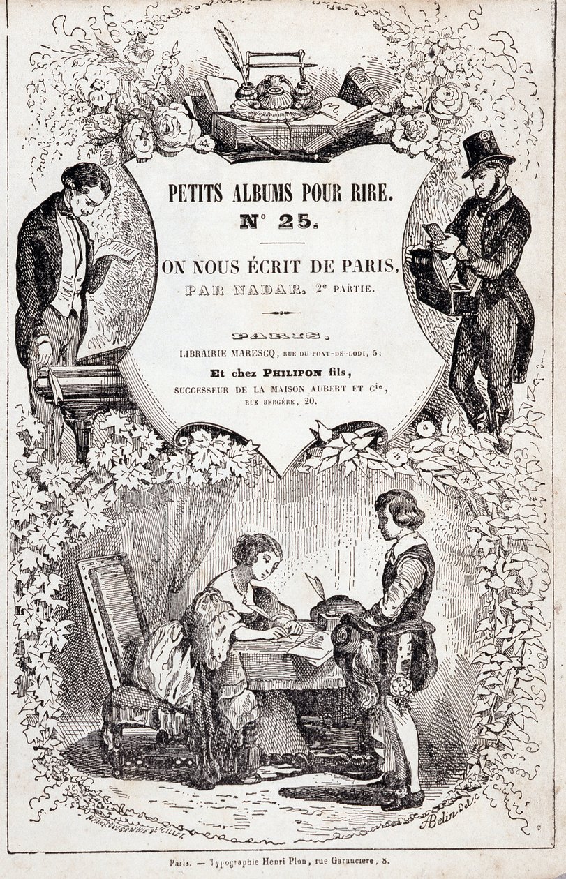Frontispice av "Små album för skratt nummer 25. De skrev oss från Paris. Andra delen”,1850 (gravyr) av Nadar