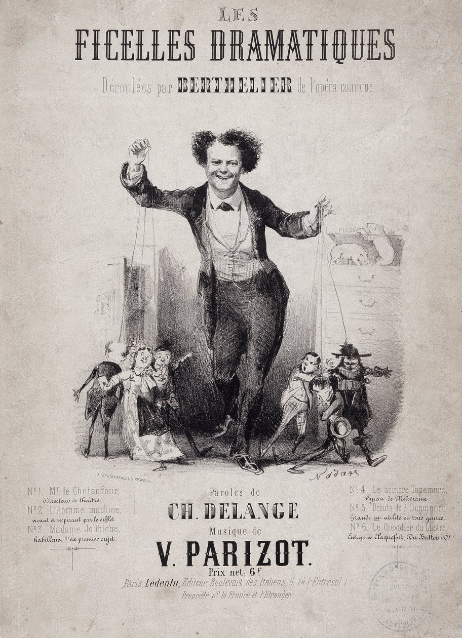 Porträtt av Jean Berthelier (1830-1888) med söner till dockor. Album "Les Ficelles Dramatiques deroulees av Berthelier de l