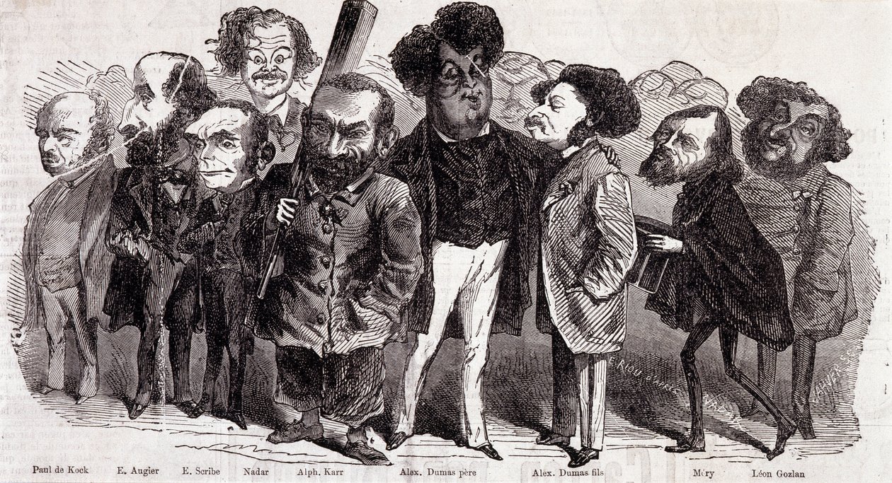 Porträtt av författarna Paul de Kock (1793-1871), Emile Augier (1820-1889), Eugene Scribe (1791-1861), Felix Nadar, Alphonse Karr (1808-1890), Alexandre Dumas pere (1802-1870) och Alexandre Dumas Jr. (1824-1895), Joseph Mery (1798-1866) och Leon Gozan (180 av Nadar