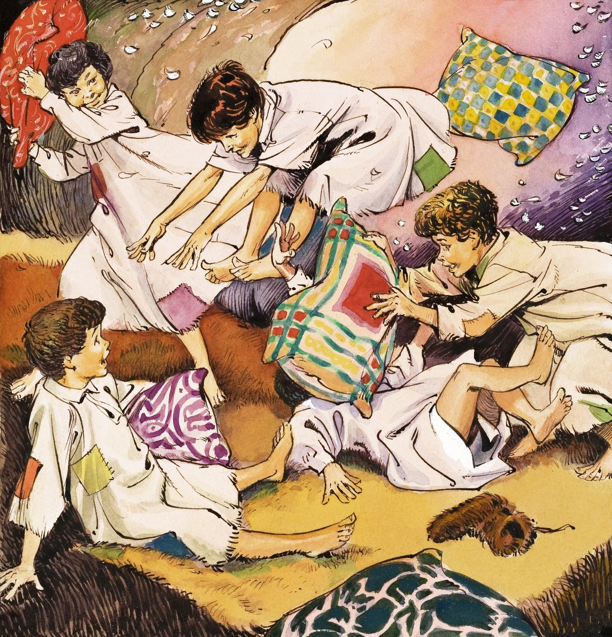 A Pillow Fight, illustration ur "Peter Pan" av J.M. Barrie (gouache på papper) av Nadir Quinto