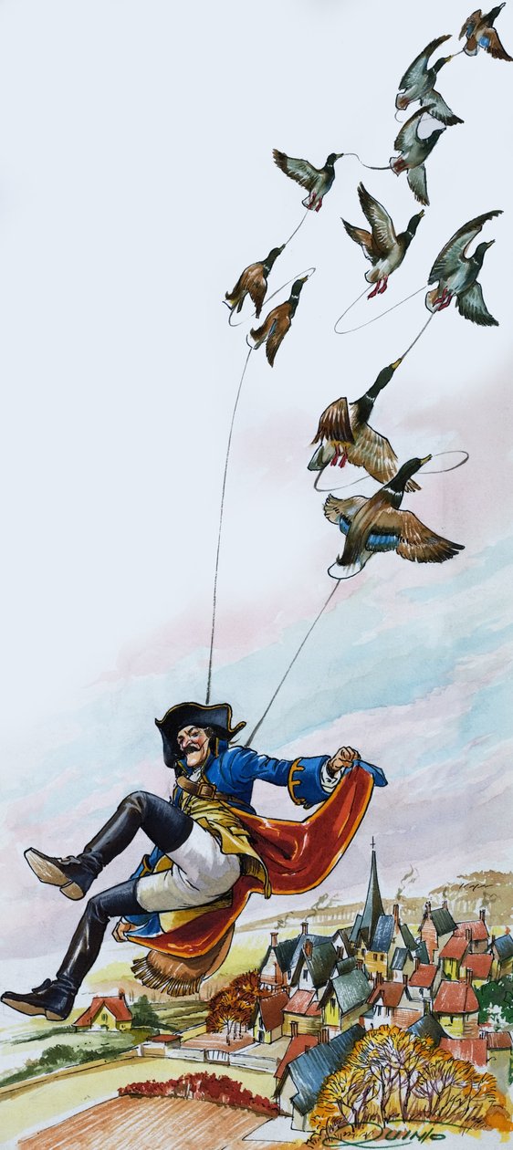 Baron Münchhausen förs bort av ankor (gouache på papper) av Nadir Quinto