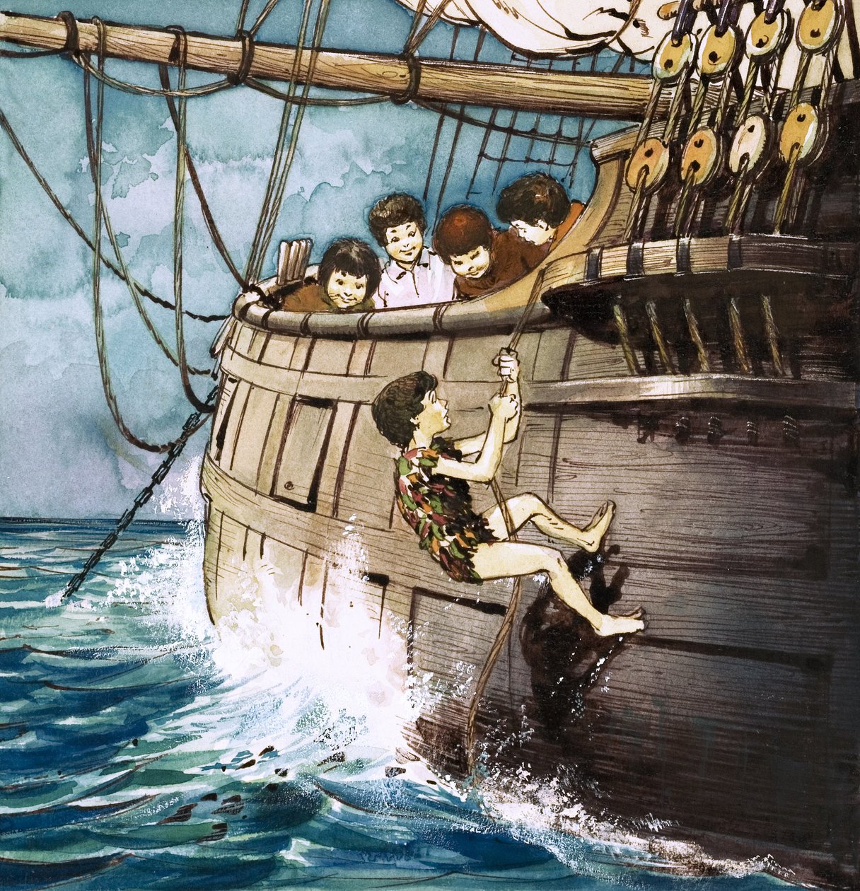 Peter Pan klättrar ombord, illustration ur "Peter Pan" av J.M. Barrie (gouache på papper) av Nadir Quinto