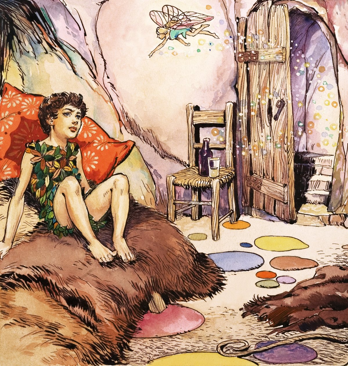 Peter Pan pratar med Tingeling, illustration ur "Peter Pan" av J.M. Barrie (gouache på papper) av Nadir Quinto