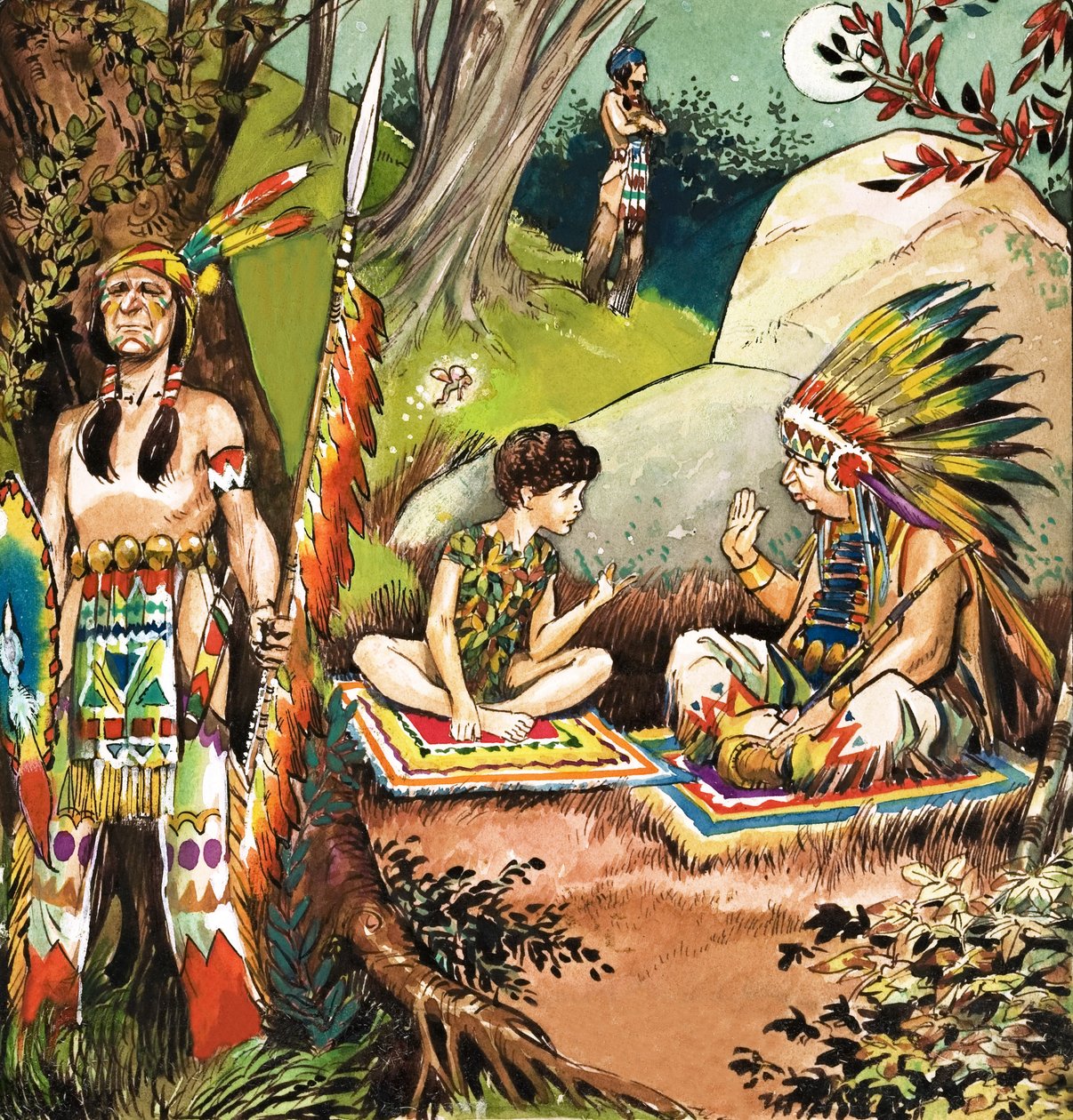 Peter Pan samtalar med hövdingen, illustration ur "Peter Pan" av J.M. Barrie (gouache på papper) av Nadir Quinto