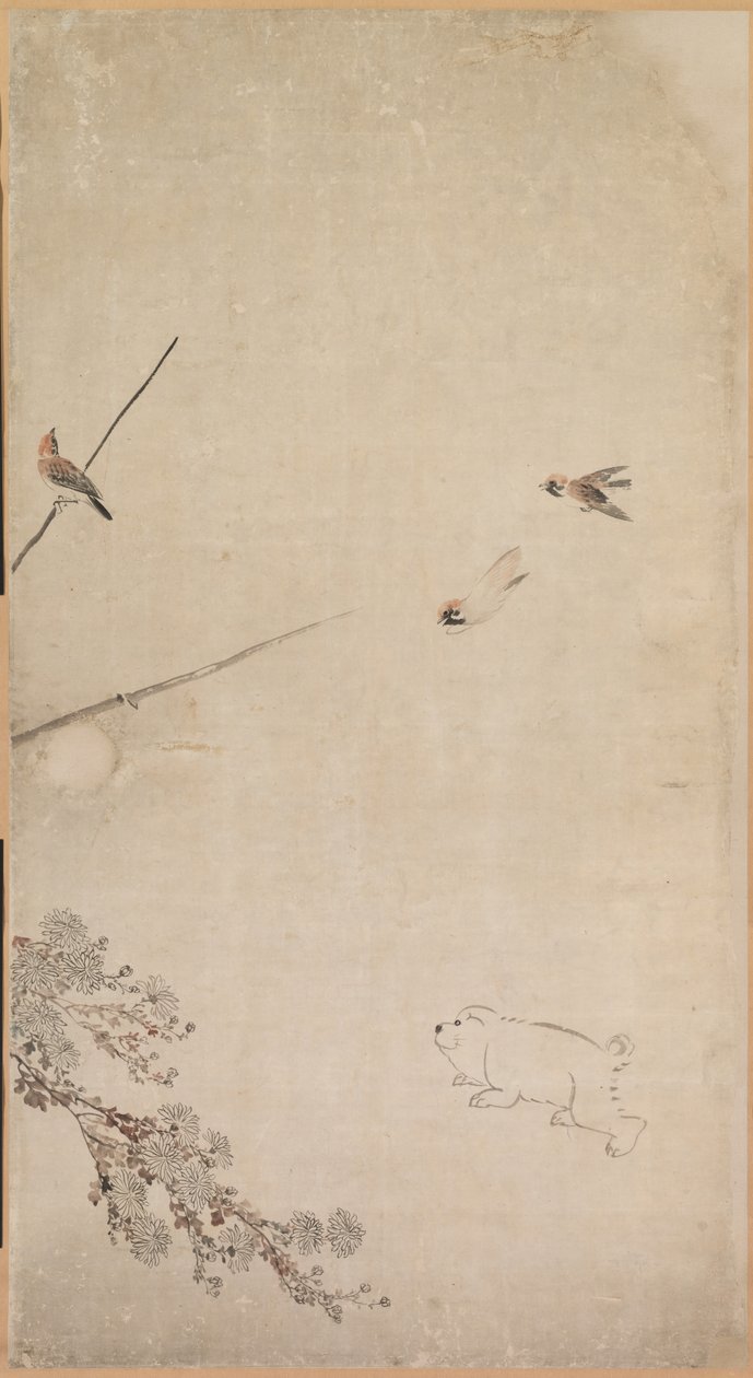 Valpar, sparvar och krysantemum av Nagasawa Rosetsu