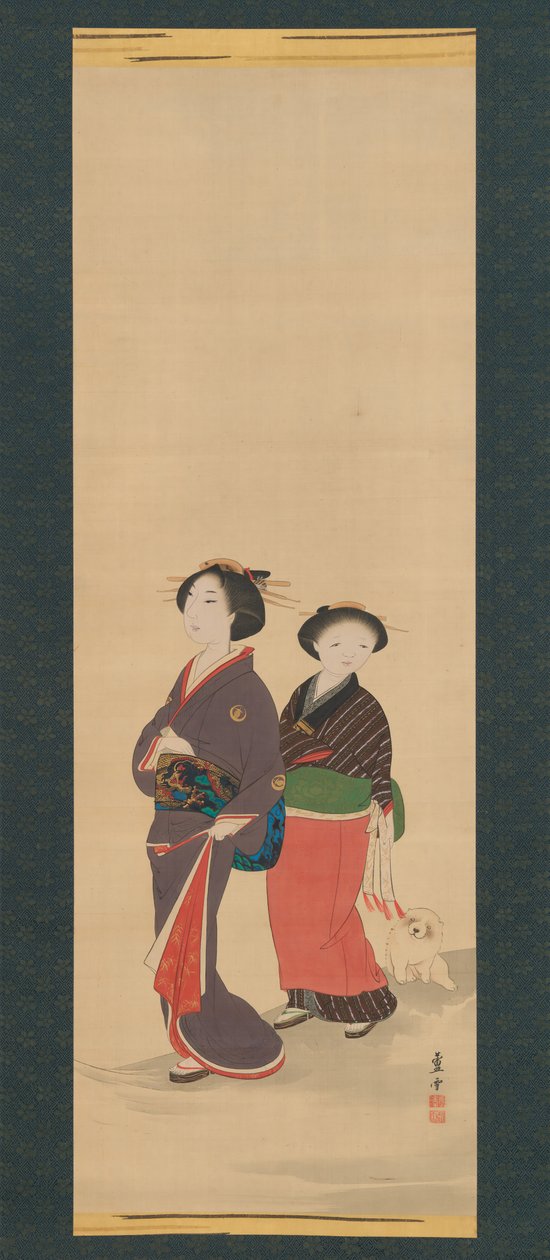 Två kvinnor och en valp, före 1785. av Nagasawa Rosetsu