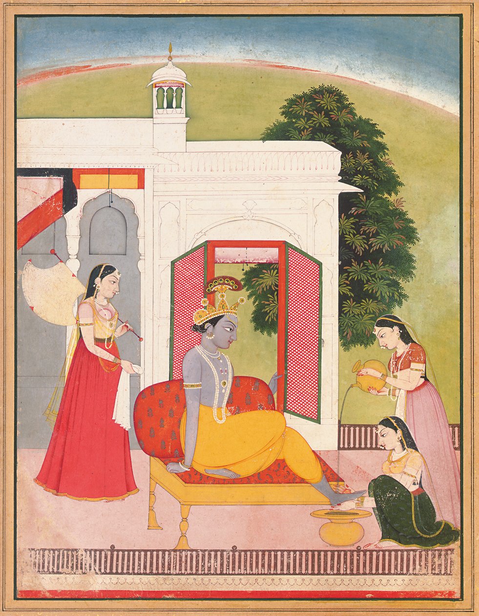 Krishnas fötter tvättas av pigor, Punjab Hills, Basohli, ca 1780 av Nainsukh