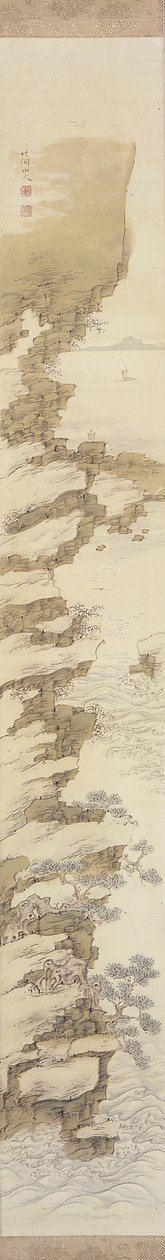 Cliffside Landscape With Boats (bläck och färg på siden) av Nakabayashi Chikkei