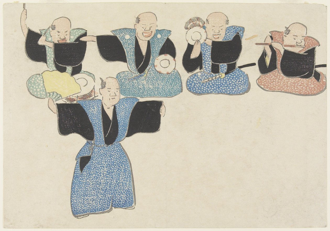 Dansare och fyra musiker, 1700-1800-tal (träblock i färg) av Nakamura Hochu