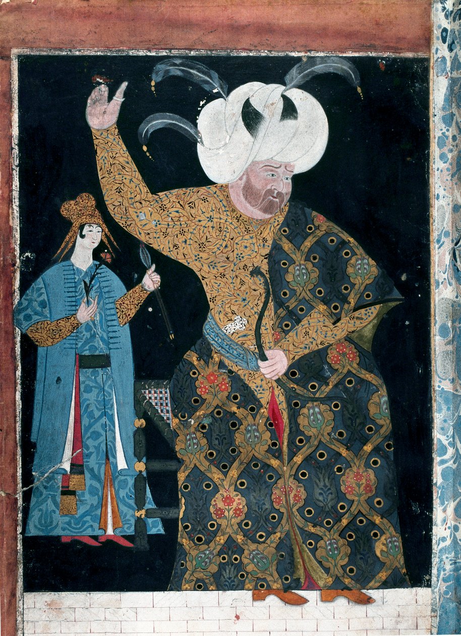 Osmanska riket: "" Porträtt av Sultan Selim II kallad den berusade eller Sari den blonde (1524-1574)"" Akvarell tillskriven Reis Haydar Nakkep dit Nigari (1494-1572) (TKS 2134, fol. 3 b) Istanbul, Topkapi Seray av Nakkep called Nigari Reis Haydar