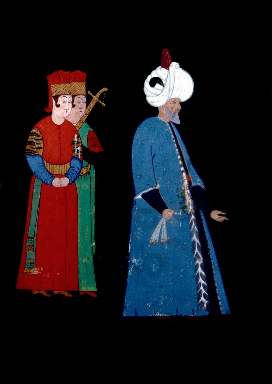 Porträtt av den osmanske sultanen Soliman (Sukeyman) I den magnifika (1494-1566), ålder, åtföljd av två beväpnade vakter. Miniatyr av Haydar Reys Nigari (1462-1572) av Nakkep called Nigari Reis Haydar