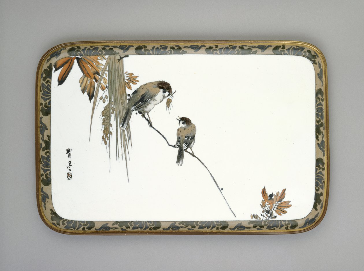 Bricka med två sparvar på en gren, ca 1880 (cloisonne-emalj) av Namikawa Sosuke