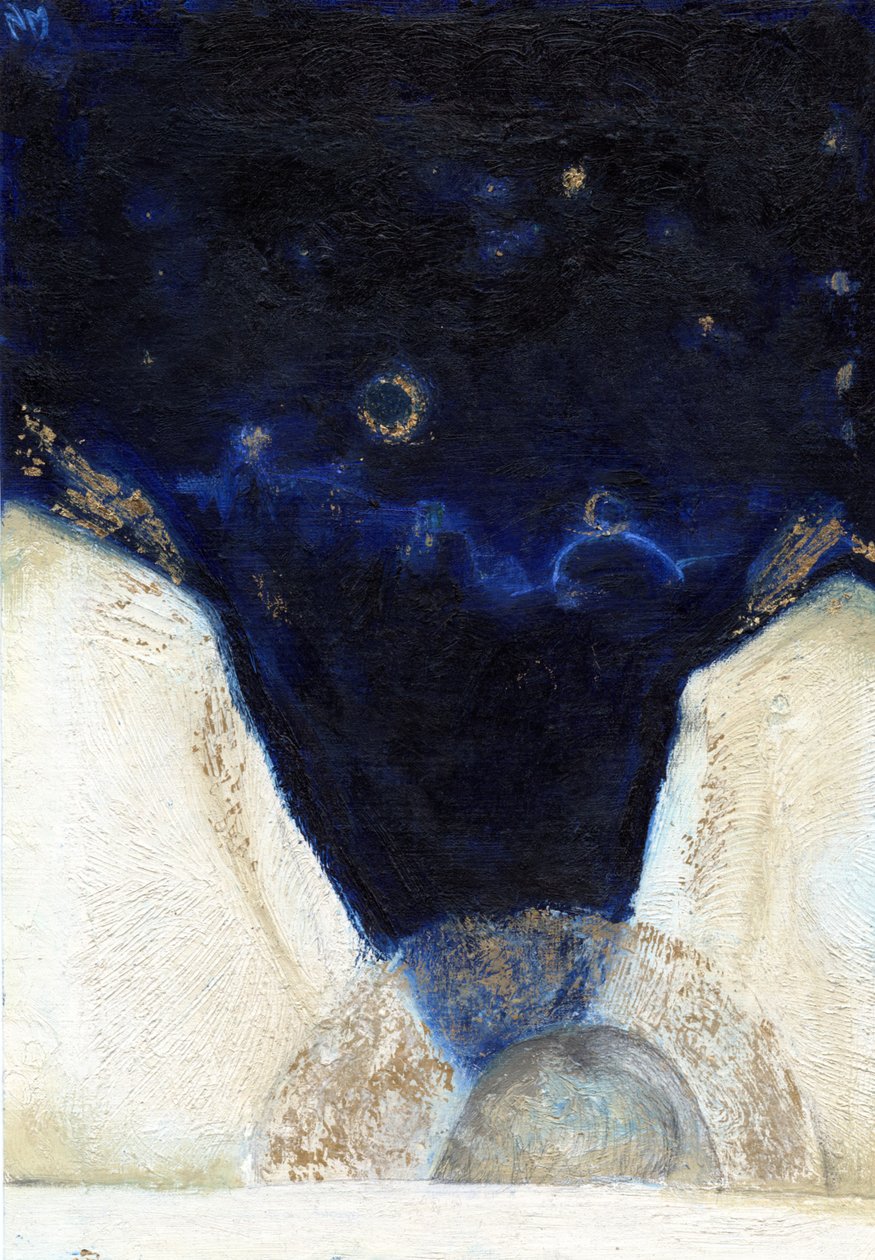 Natt ängeln fick sina vingar 2, 2013, (olja och bladguld på kort) av Nancy Moniz Charalambous