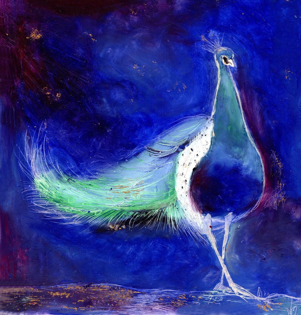 Peacock Blue, 2013, (olja och bladguld på kort) av Nancy Moniz Charalambous