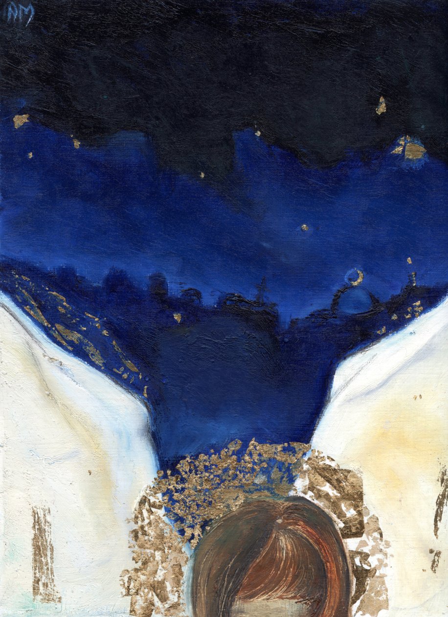 Natt ängeln fick sina vingar, 2014, (olja och bladguld på kort) av Nancy Moniz Charalambous