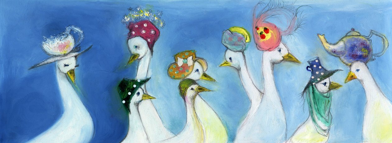 Tea Duck, 2015, (oljepastell och penna på kort) av Nancy Moniz Charalambous