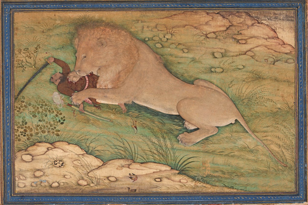 Jaktens faror, ett lejon kastar sig över en jägare, ca 1615 (ogenomskinlig wc på silke) av Nanha