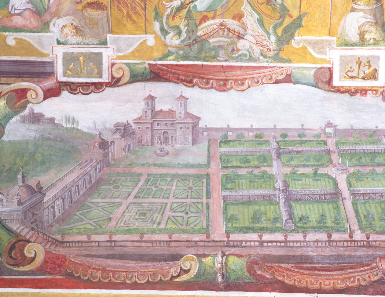 Studiolo-studien av Francesco deMedici 1541-87 detalj av valvdekorationen som visar en plan över villan och dess trädgårdar, fresk från 1564-75 av Bartolomeo Ammannati