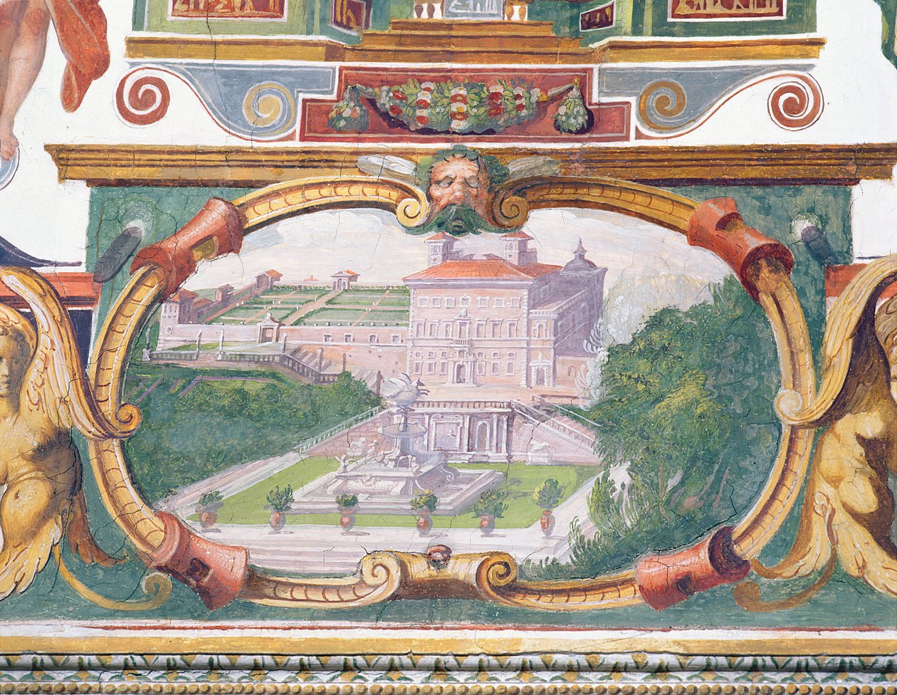 Studiolo-studien av Francesco deMedici 1541-87 detalj av frisdekorationen som visar en av Medici-villorna, dess trädgård och fontän, fresk från 1564-75 av Bartolomeo Ammannati